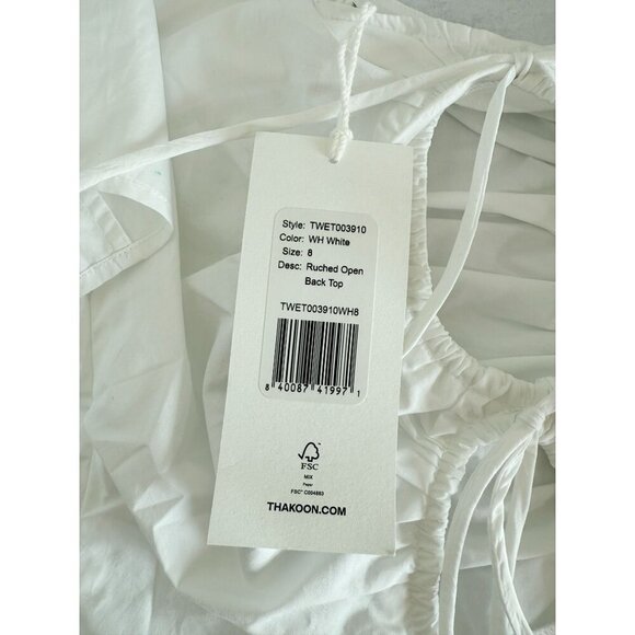 NWT Ruched White Open‎ Back Top By Thakoon Size 8 100% Cotton Short Puff Sleeves - Picture 4 of 11